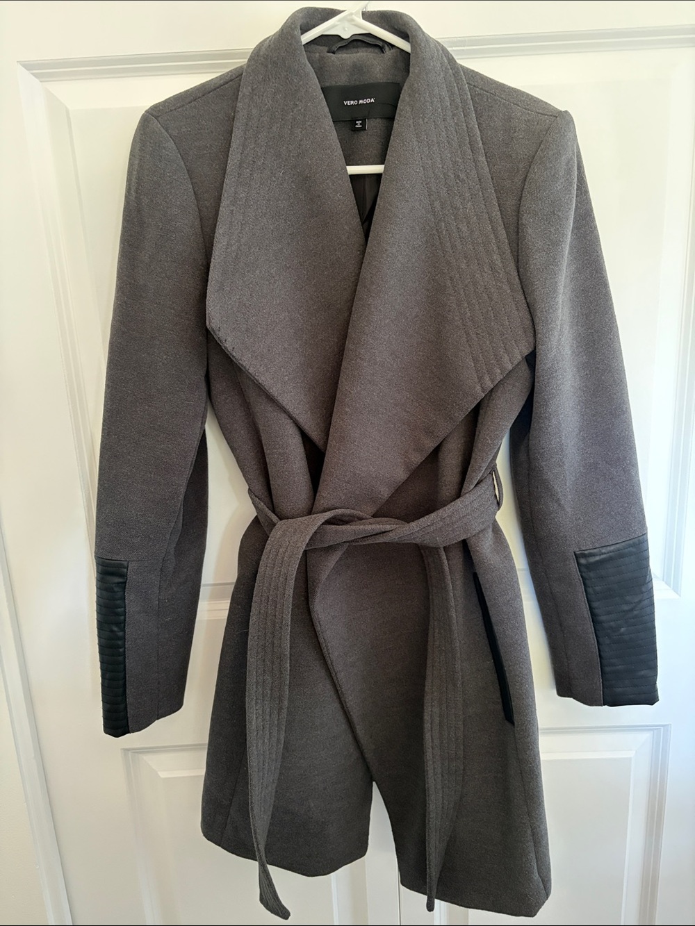Vero Moda - Shawl Collar Belted Trench Coat with Faux Leather Accents